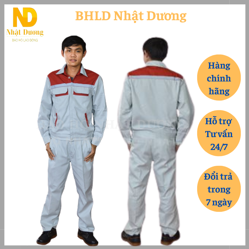 Quần áo bảo hộ lao động nam DN12, Đồ bảo hộ lao động Nhật Dương giá rẻ màu ghi phối đỏ