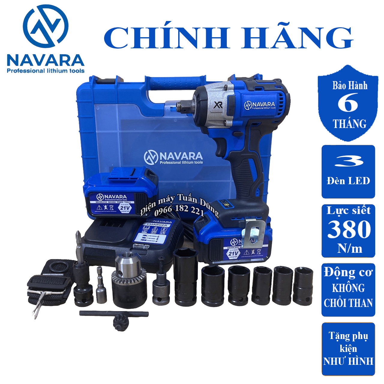 Máy siết mở ốc bulong dùng pin Navara 6001 - Động cơ Không Chổi Than - Tặng Bộ đầu chuyển đổi và 6 khẩu