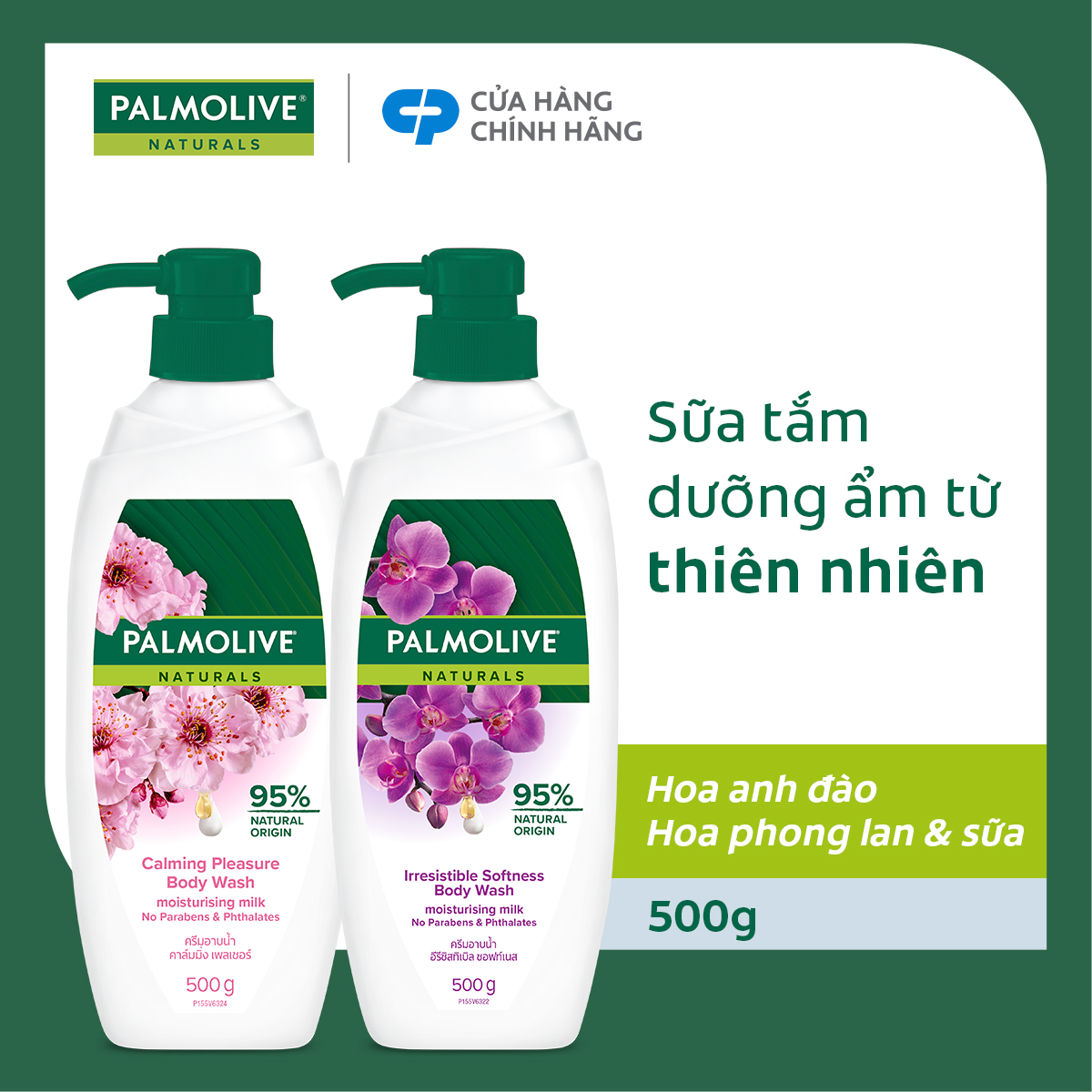 Bộ 2 Sữa tắm Palmolive dưỡng ẩm chiết xuất thiên nhiên dưỡng da ẩm mịn 500gx2 - Hoa Lan và Hoa Anh Đào