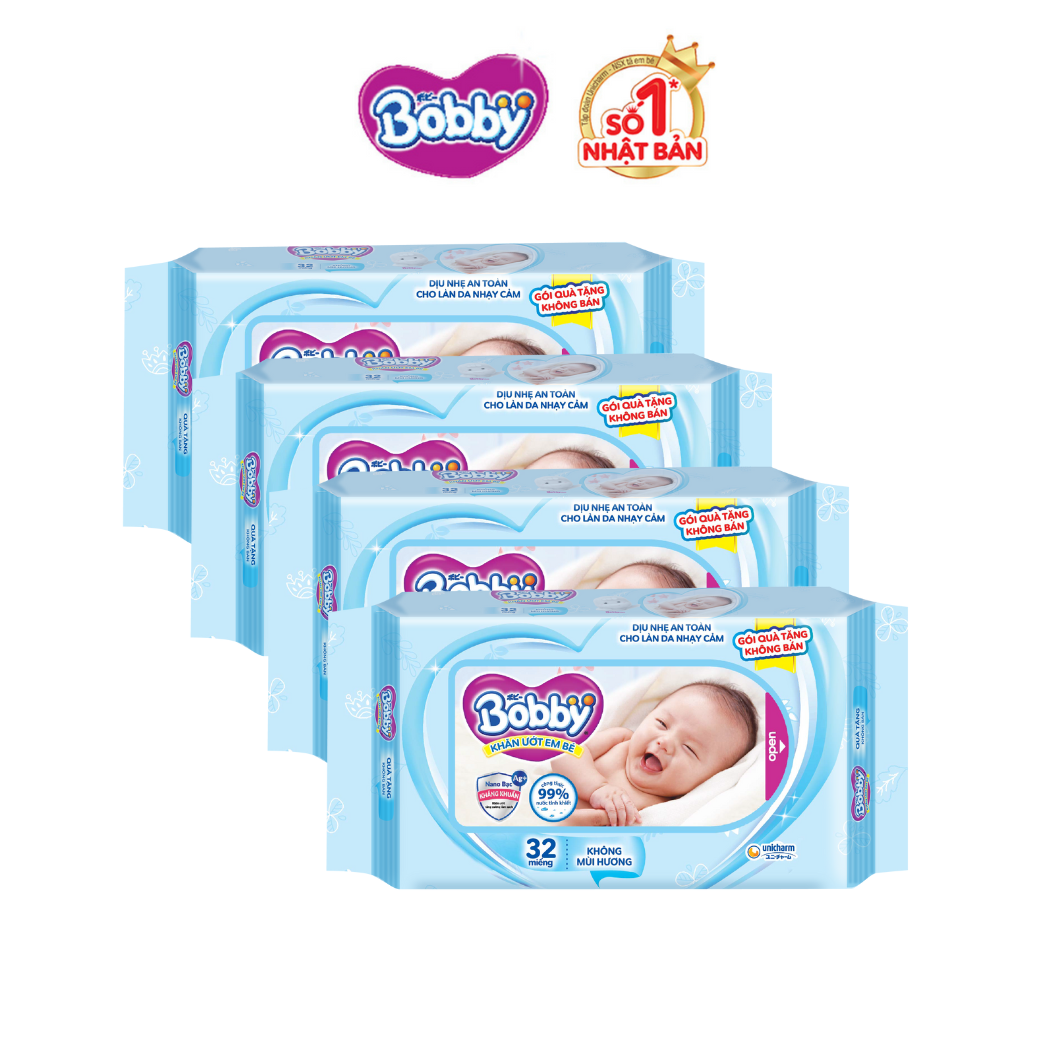 Bộ 4 gói khăn ướt Bobby care không mùi 32 miếng