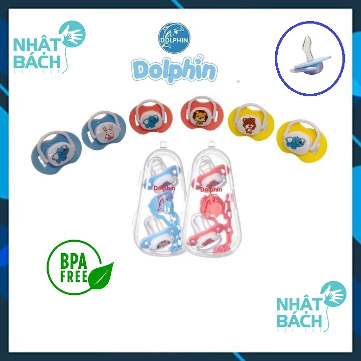 Hộp cái 2 Ty ngậm Dolphin cao cấp, ti giả silicon cho bé có dây xích BPA free