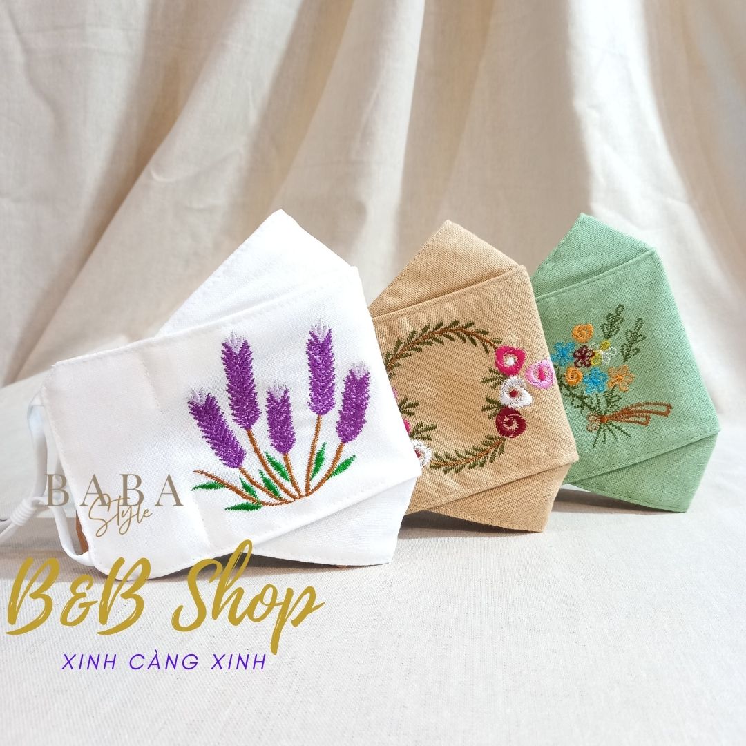 Khẩu Trang Thêu Hoa Vải Linen 3D 3 Lớp  Khẩu Trang Vải Hoa Nhí Khẩu Trang Thêu Họa Tiết An Toàn Kháng Khuẩn Sử Dụng Đước Nhiều Lần  Mịn Mát Có Nút Chặn Tặng Kèm Dây Đeo Khi Mua 3 Sản Phẩm Trở Lên