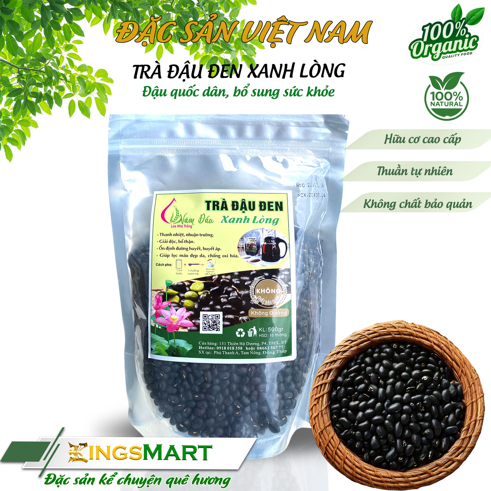 [Hữu cơ] Trà Đậu Đen Xanh Lòng - Thuần tự nhiên - Thương hiệu Năm Đấu - Lúa Nhà Trồng - Túi zip 500g - Kingsmart