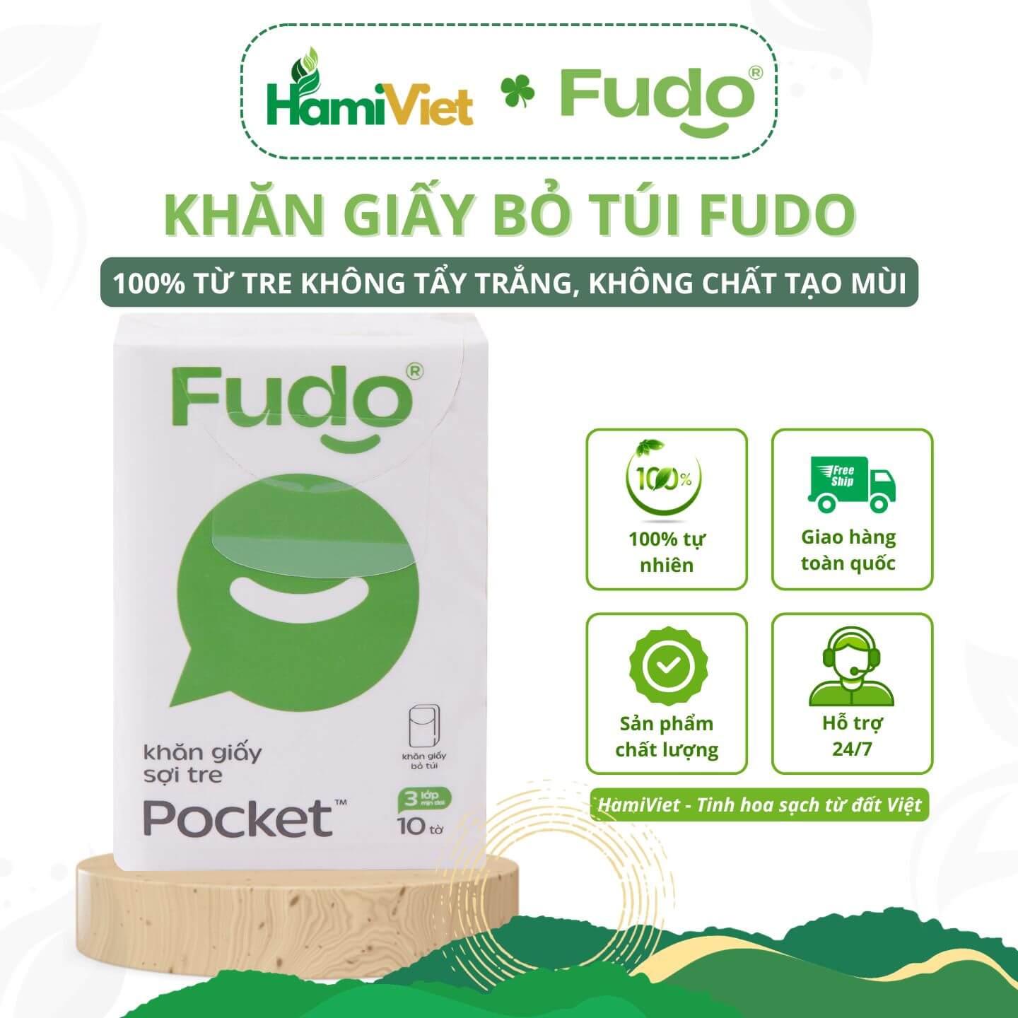Gói khăn giấy bỏ túi Fudo TissuePocket làm từ 100% bột tre an toàn cho da, thân thiện môi trường