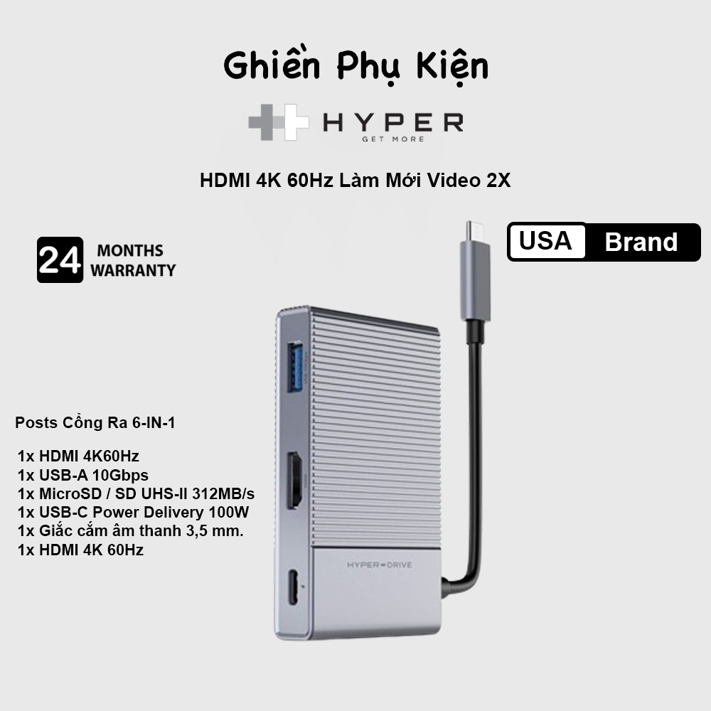 Hub hyperdrive gen 2 6in1 cổng chuyển type c dành cho macook/ipad pro/pc/devices - g206