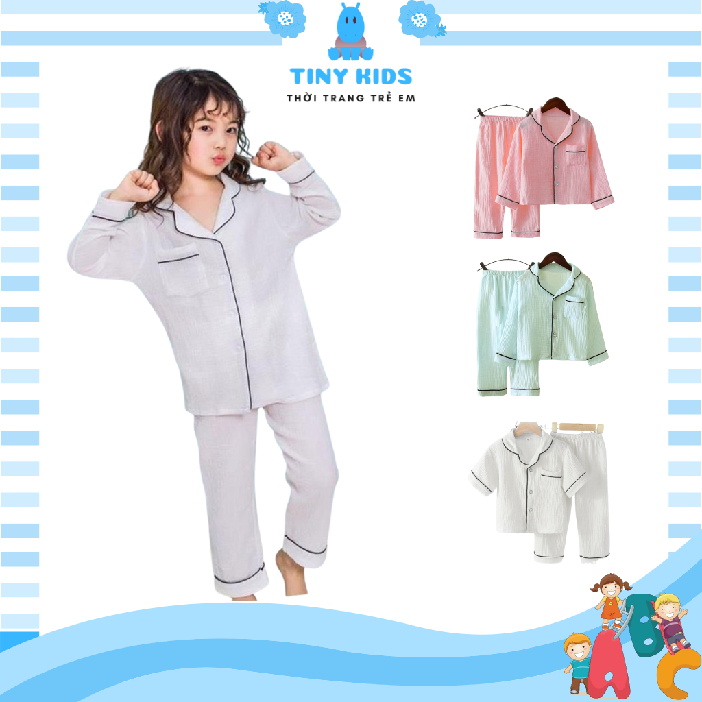 Bộ pijama cho bé chất đũi trơn, bộ đồ ngủ dài tay trẻ em từ 6-28kg Tiny Kids