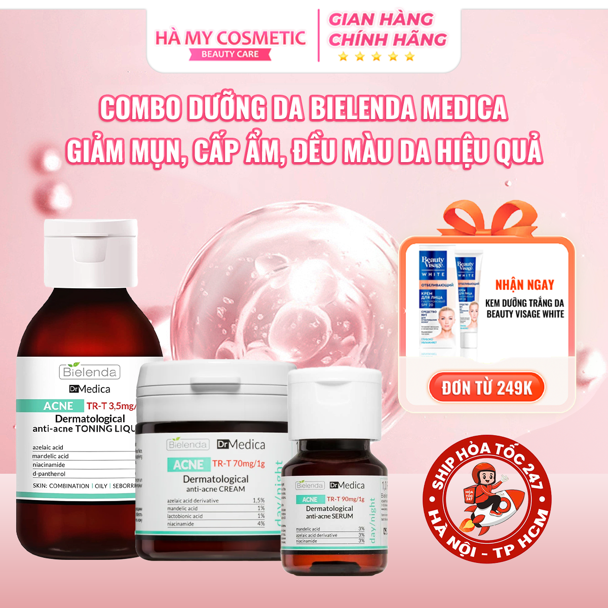 Toner Bielenda, Nước hoa hồng giảm mụn cấp nước giúp da luôn căng bóng mịn màng
