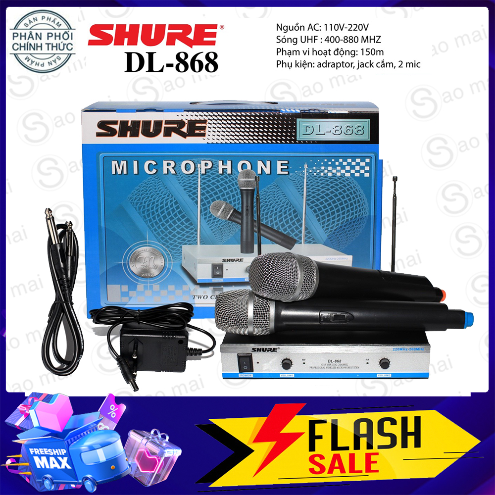 Hát cực hay - Bộ 2 Micro Không Dây Uhf Shu re DL-868 hàng chuẩn loại 1, tặng 2 chống lăn, pin AA
