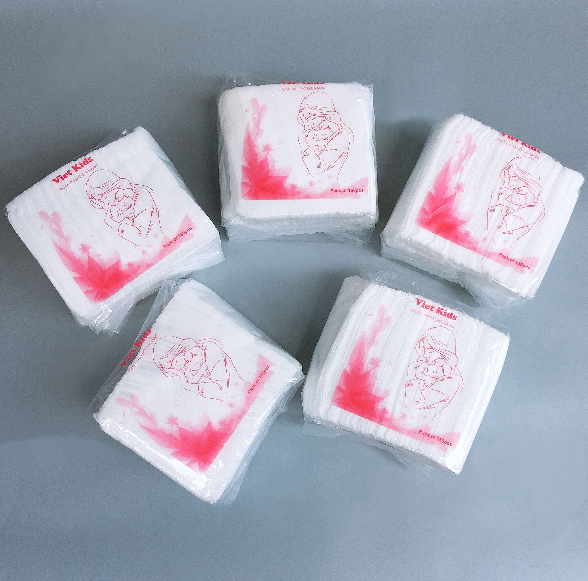 Combo 5 gói khăn vải khô đa năng Vietkids 165gr/gói/150 tờ