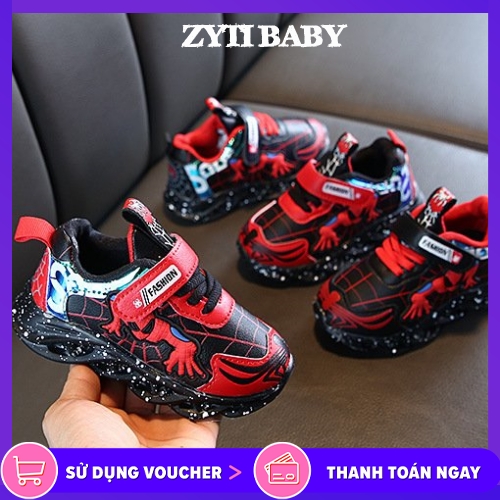 [HCM]Giày Thể Thao Siêu Nhân Người Nhện Quai Dán Đế Có Đèn Nháy Cho Bé Trai Từ 2 Đến 12 Tuổi (Đen Đỏ)