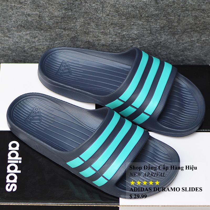 Dép Adidas_Duramo Authentic màu xanh đen sọc xanh ngọc