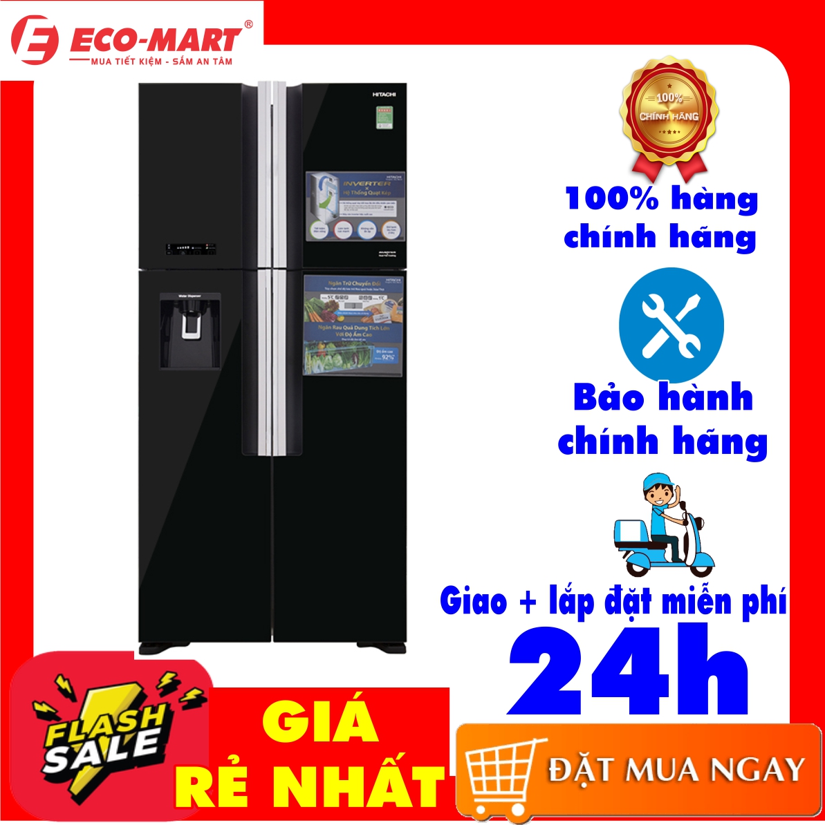 Tủ lạnh hitachi inverter 540l r-fw690pgv7 màng lọc nano titanium cảm biến nhiệt eco bảo hành 12 tháng
