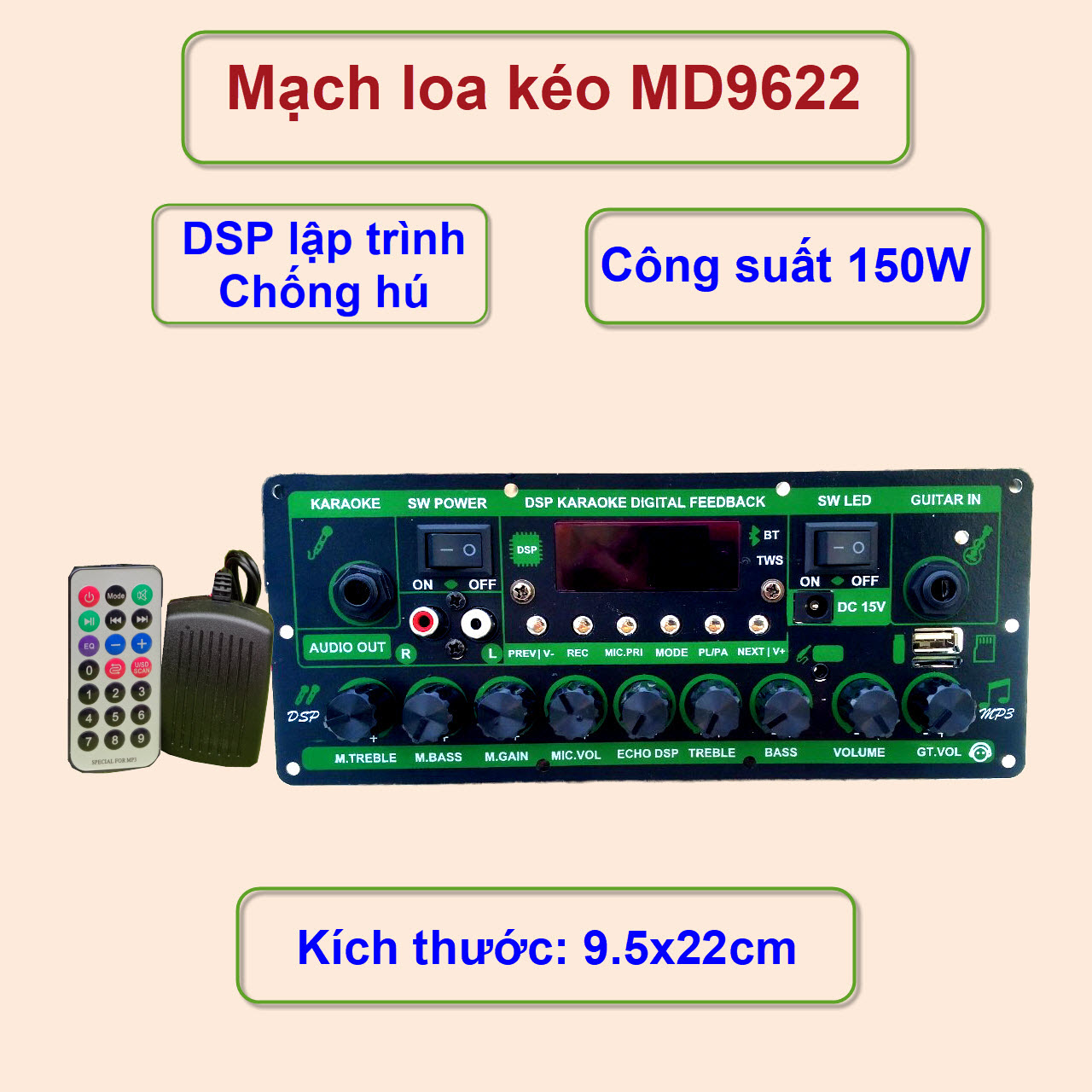 Mạch loa kéo md9622 công suất 150w - phiên bản 2024