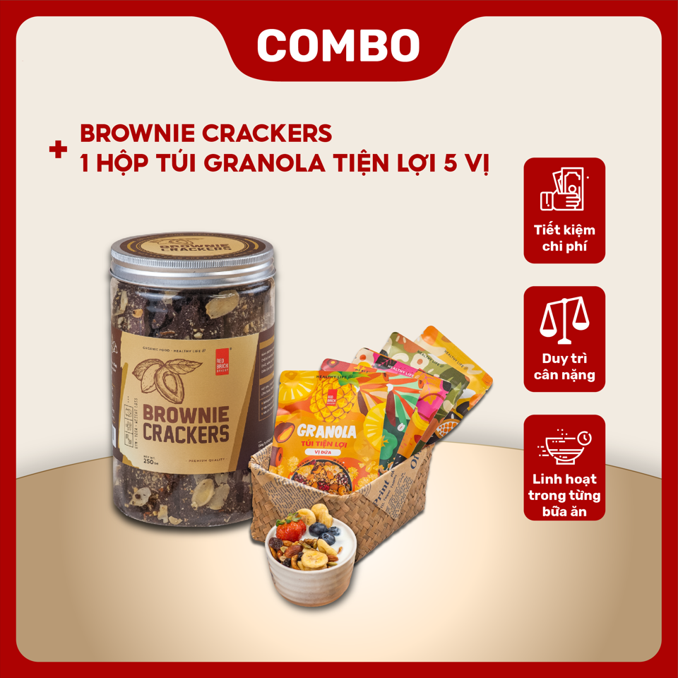 Combo 1 hộp 10 túi granola tiện lợi 5 vị và brownie cracker 250g thương hiệu gạch đỏ giảm cân heathy