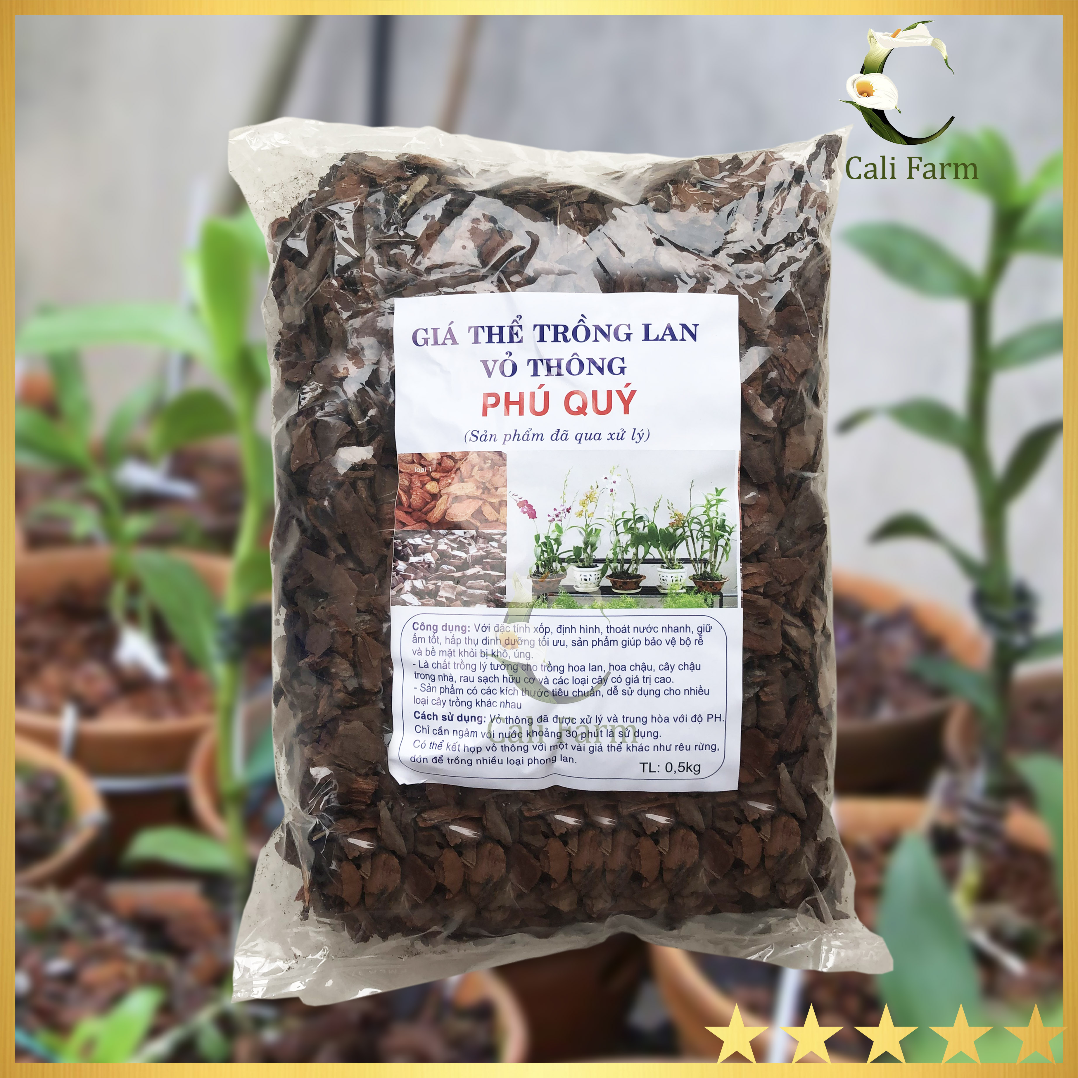 Vỏ Thông Đỏ Băm loại 0,3-0,5cm PHÚ QUÝ 0.5Kg - Dùng để trồng lan, rải bề mặt chậu lan