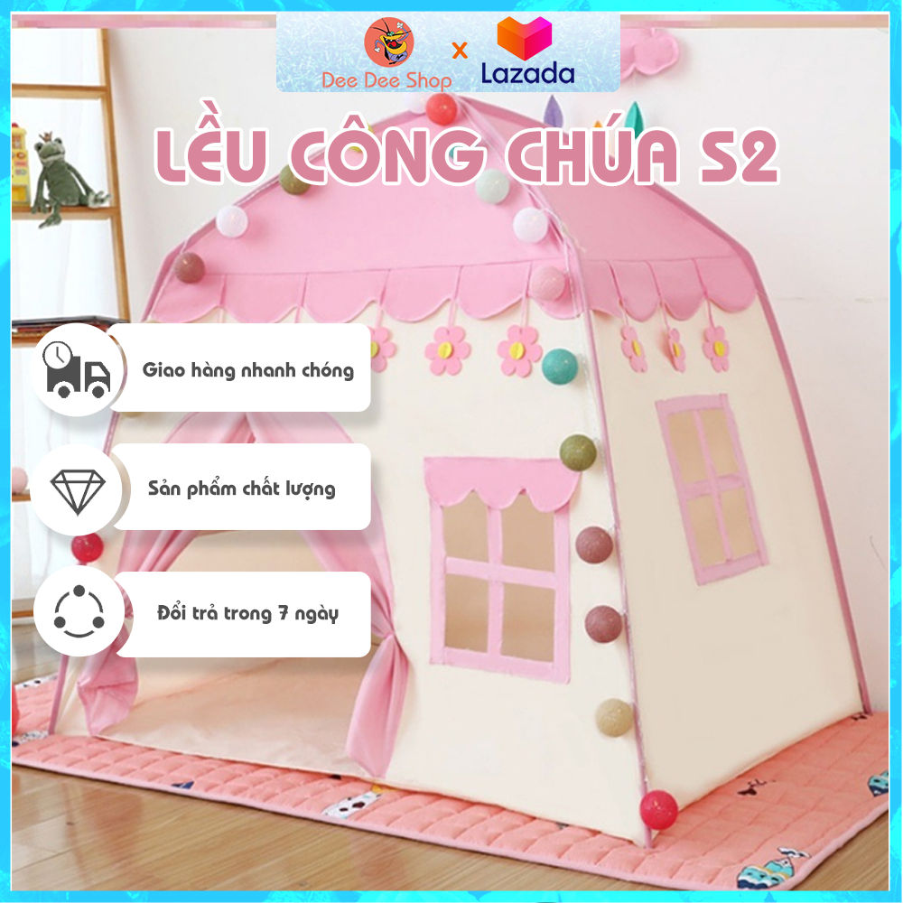 Lều công chúa cho bé gái mẫu S2 cỡ lớn - Màu xanh , màu hồng vải dù khung nhựa dẻo cao cấp an toàn cho bé