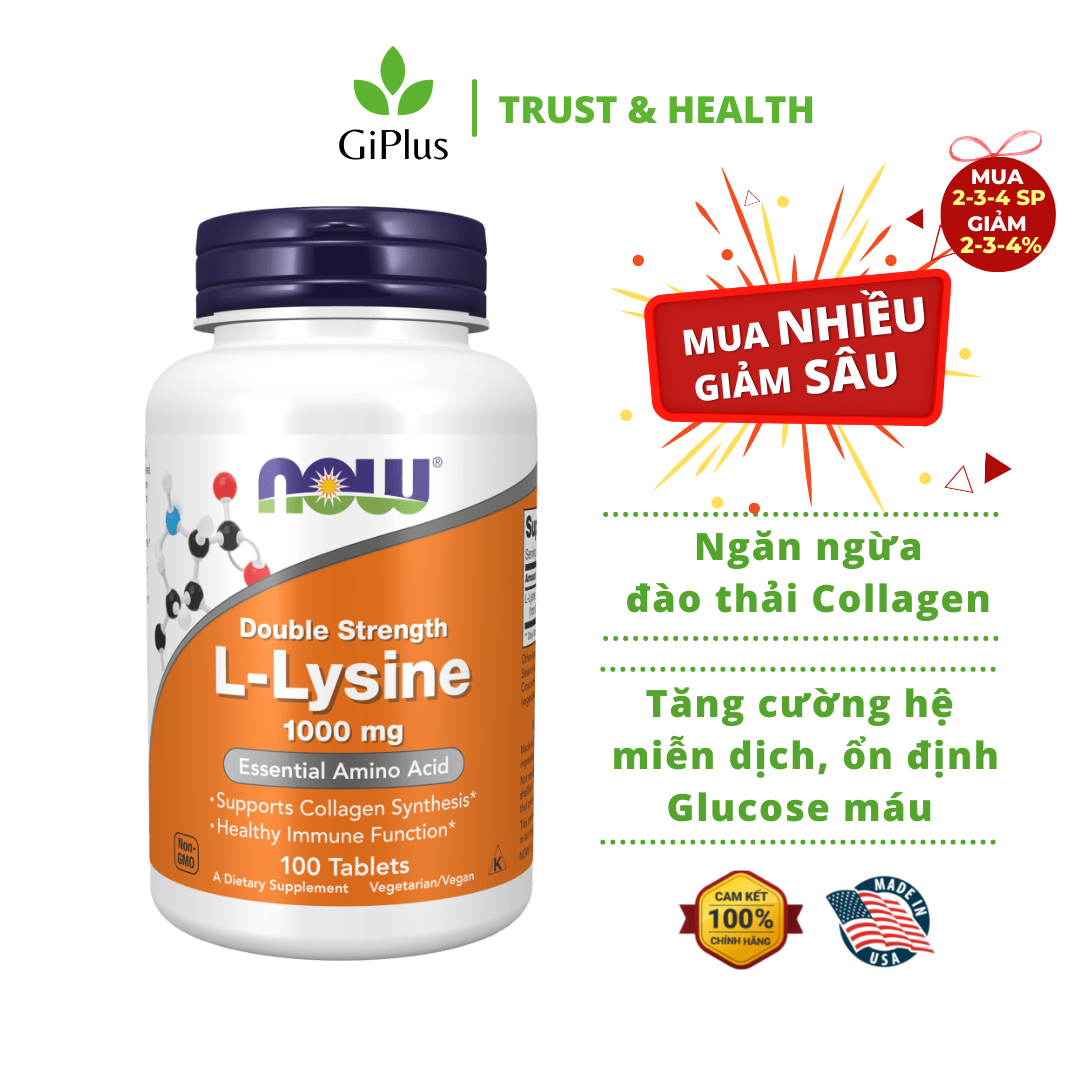 Viên uống bổ sung lysine, điều hòa nội tiết now foods double strength l-lysine 1000mg