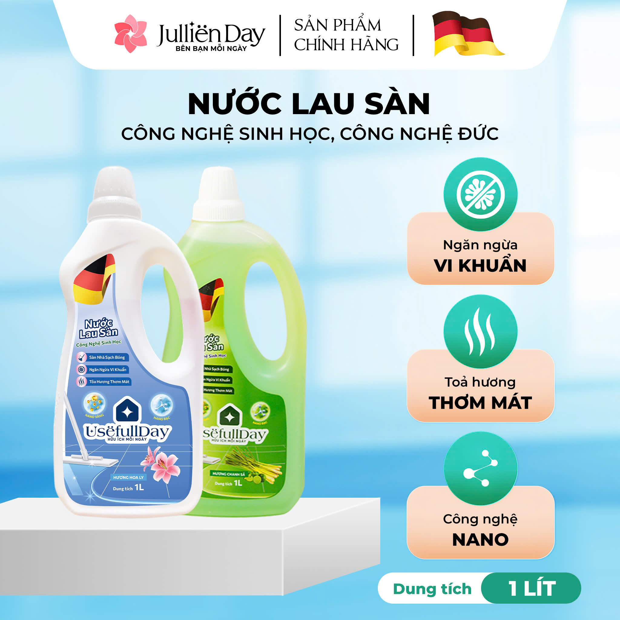 Useful Day 1L Bio-Technological Floor Cleaner with Ly & Lemongrass Floral Scent, Safe for Children, Clean and Long-Lasting Fragrance