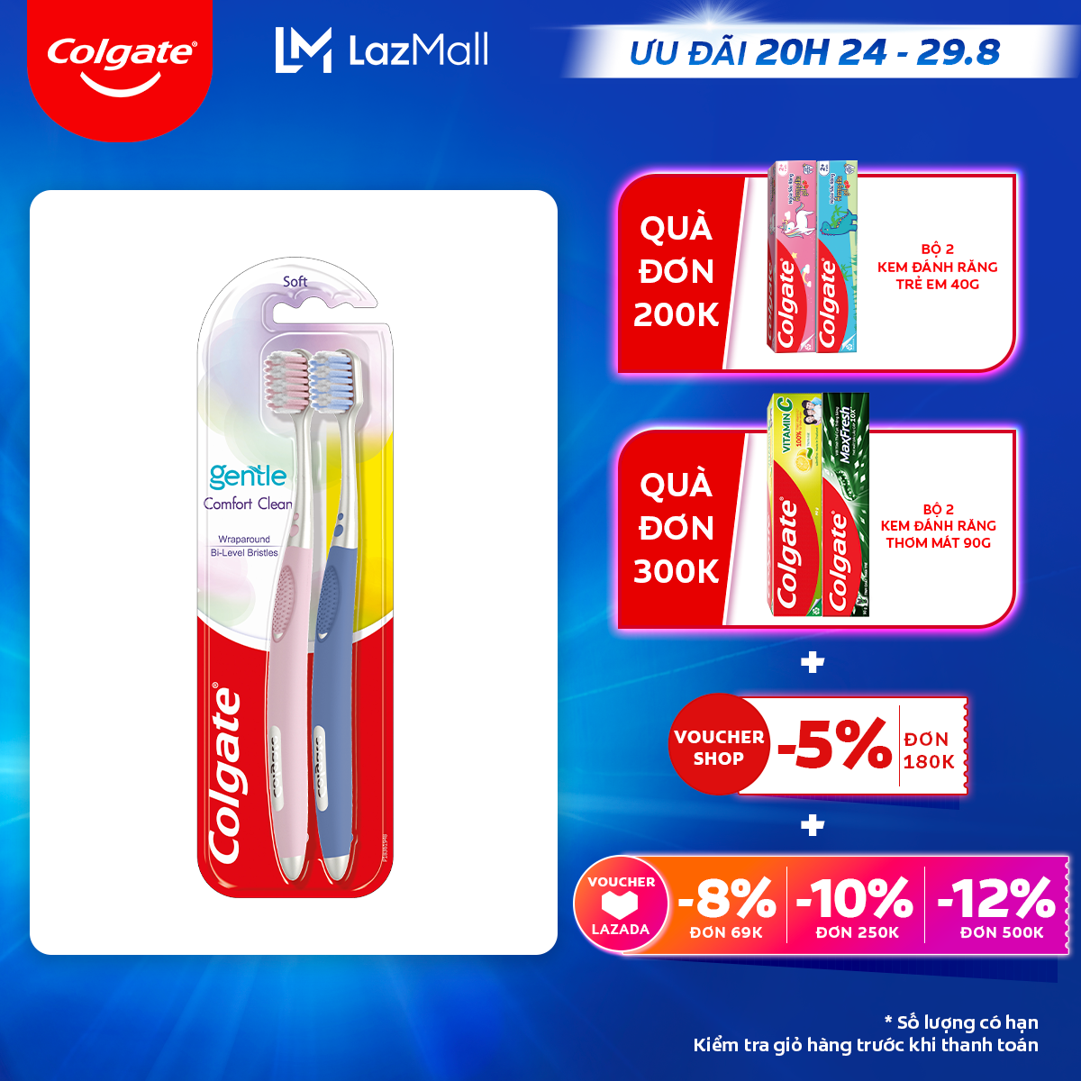 Bộ 2 bàn chải Colgate Gentle Comfort Clean đầu chải lớn, lông chải siêu mịn