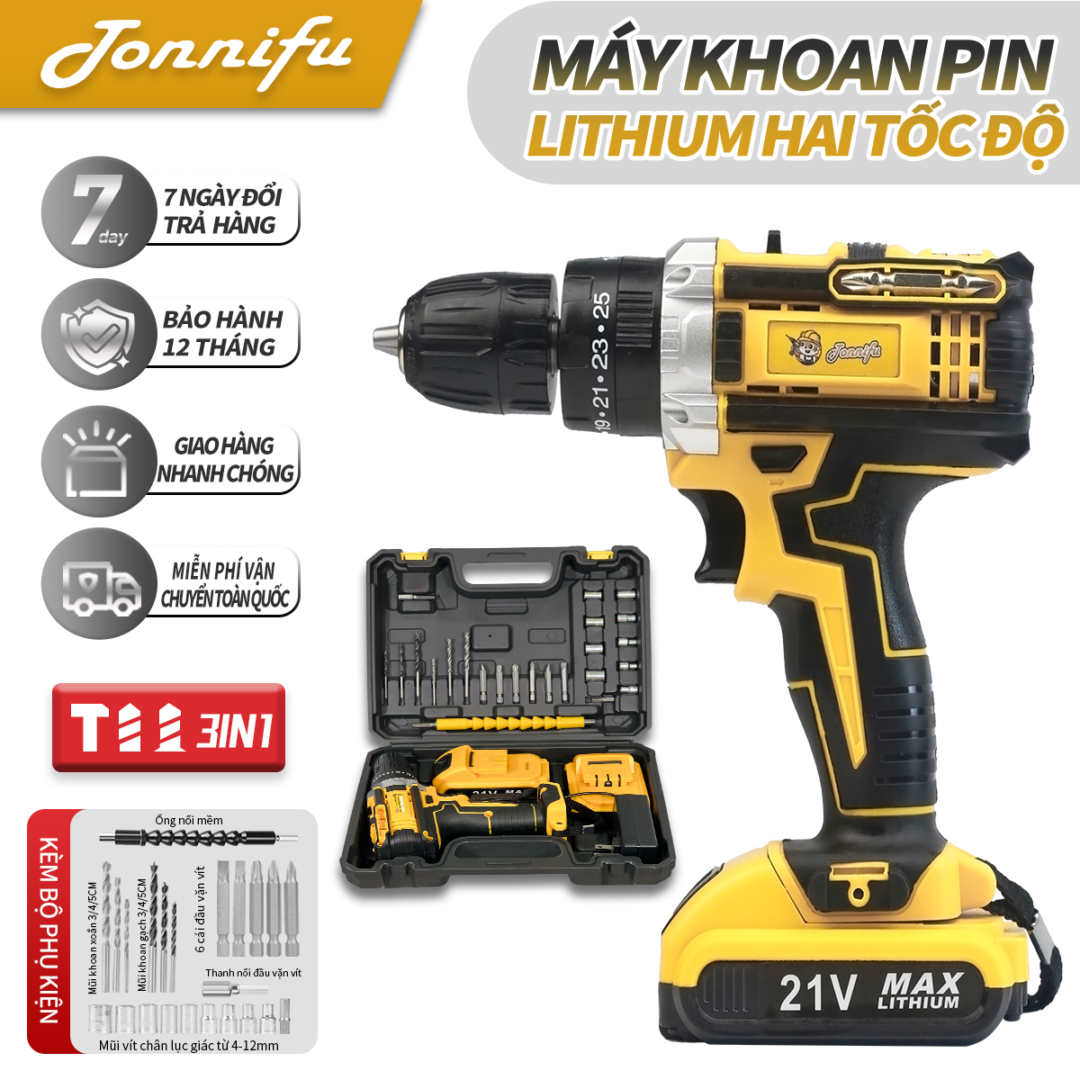 Máy khoan pin - 3 chức năng có búa, đầu kẹp 10mm, ruột đồng 100%, kèm bộ phụ kiện 24 chi tiết VALI-531XH