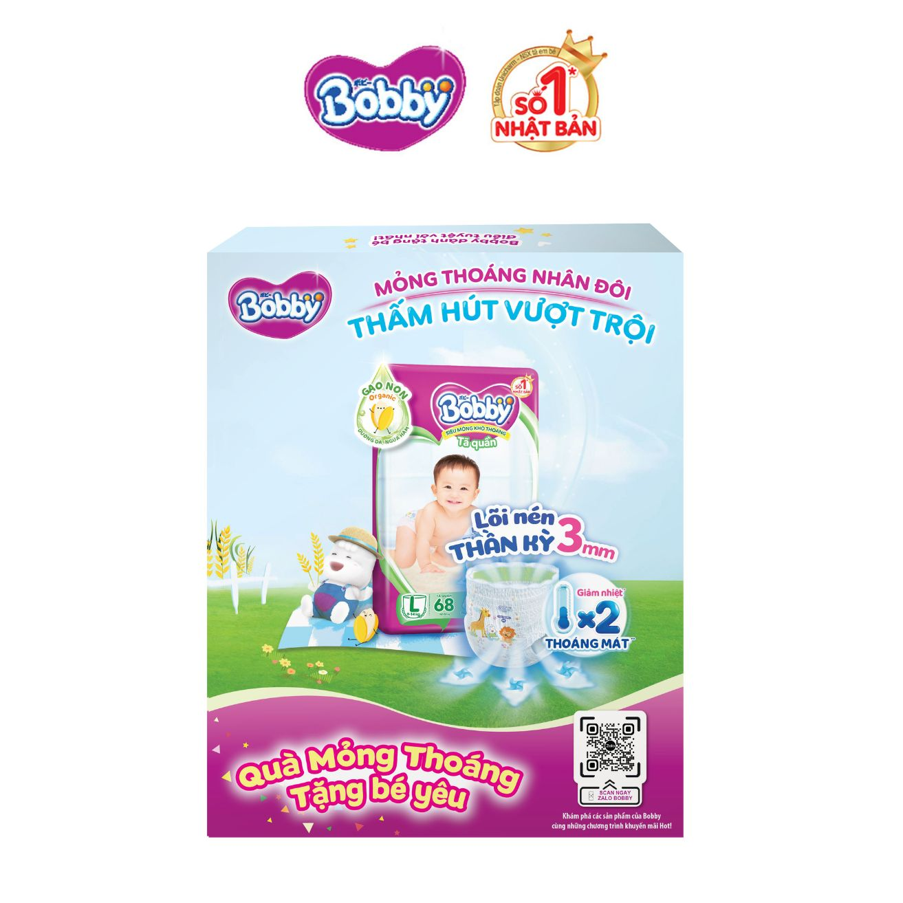 Gói 2 miếng tã/Bỉm quần Bobby Lõi nén thần kỳ 3mm size L - Siêu mỏng khô thoáng