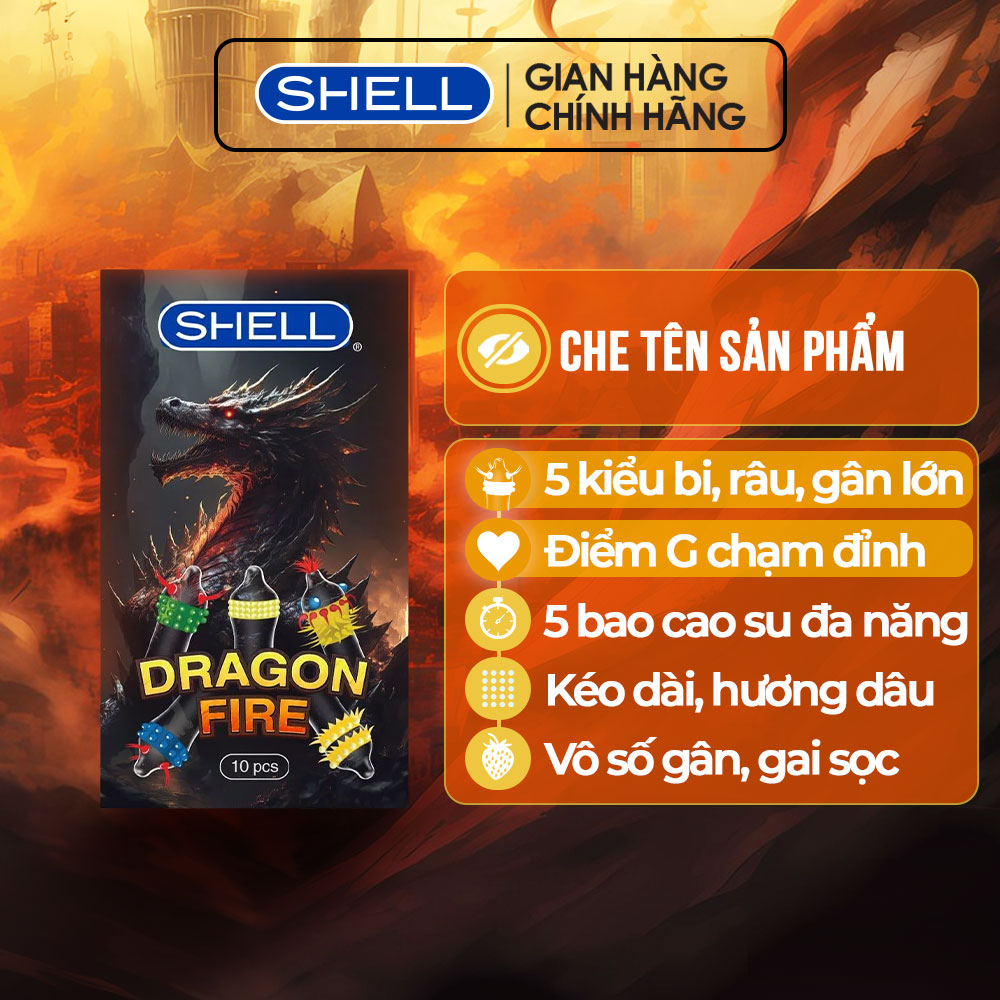 Bao cao su shell dragon fire - hộp 5 bao gai, bi nổi lớn + 5 bao shell performax | shell chính hãng