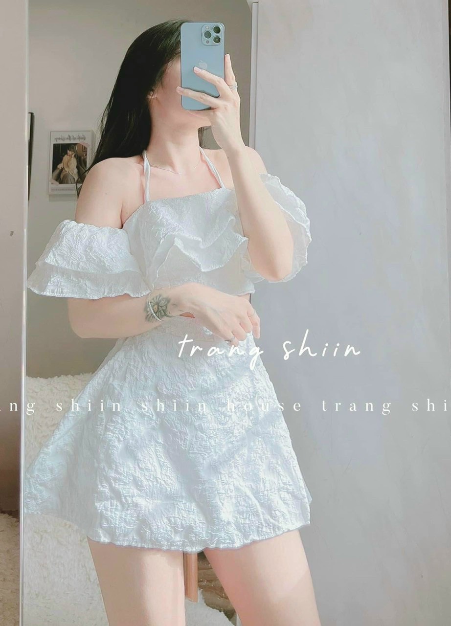 Set tiểu thư vải gấm áo trễ vai bèo croptop chân váy chữ a - set bánh bèo bệt vai lững sang chảnh