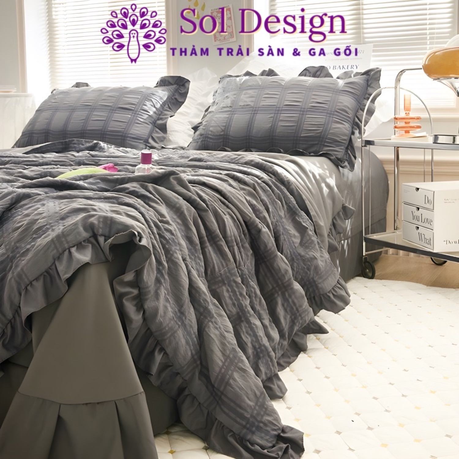 Bộ 4 món ga phủ vải cotton đũi viền bèo sol design