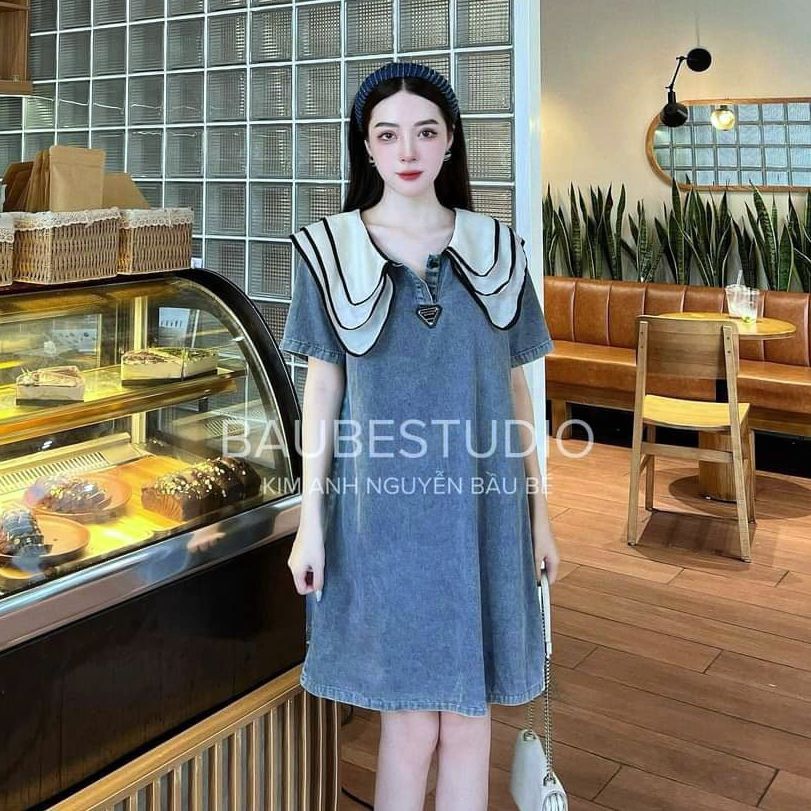 Đầm midi denim dáng suông cổ bèo voan chạy viền xếp tầng đi chơi dự tiệc