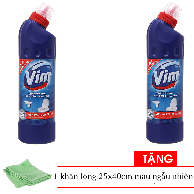  Combo 2 chai nước tẩy bồn cầu diệt khuẩn VIM chai 900ml Tặng 1 khăn tắm 25x40cm màu ngẫu nhiên 