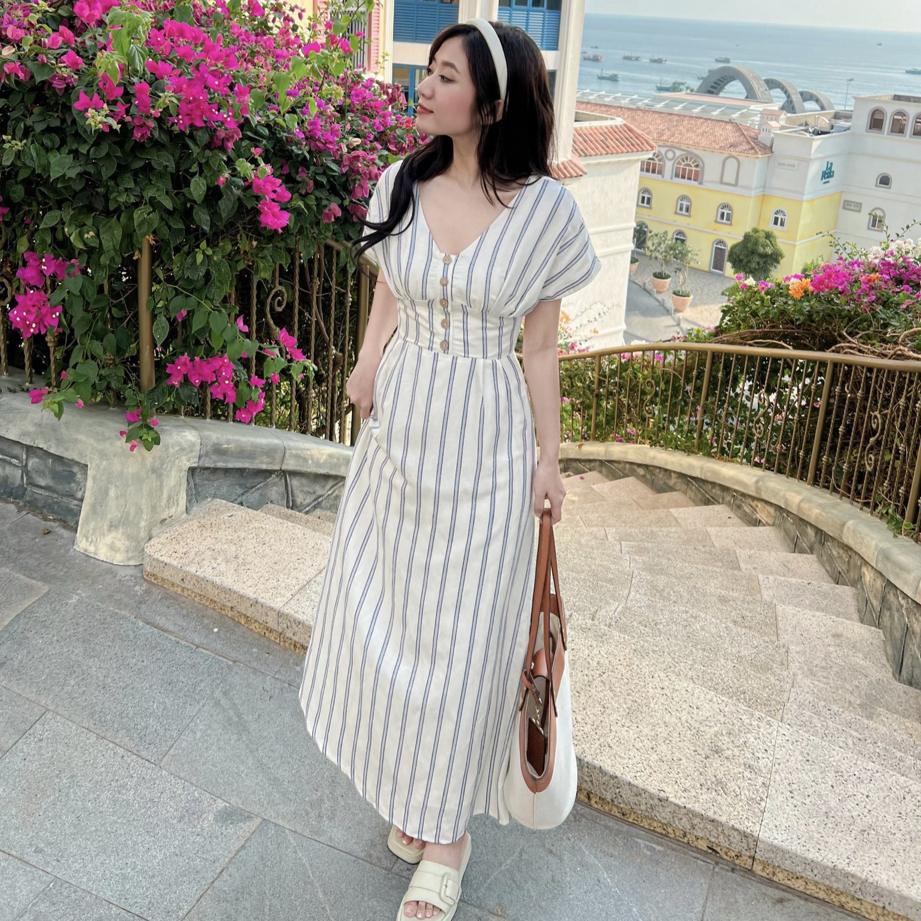 Đầm SOKI - Đầm sọc dáng dài tay cánh dơi