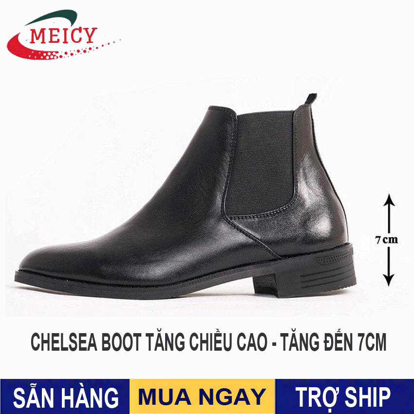 Giày nam Chelsea boot cao cổ MEICY, giày được làm từ da bò thật giống giày mọi nam, giày lười nam trơn và không nhăn màu đen - GCS106