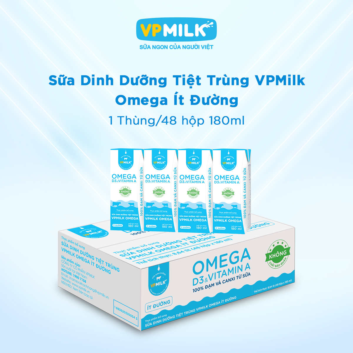 [Thùng 48 hộp 180ml] Sữa Dinh Dưỡng Tiệt Trùng VPMilk Omega ÍT ĐƯỜNG hộp cho bé trên 1 tuổi