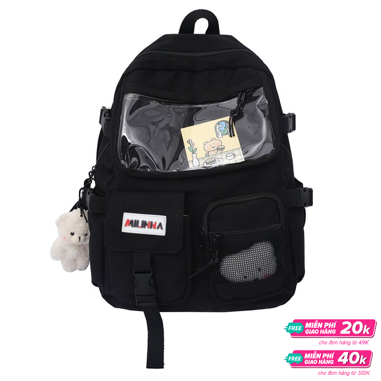 Balo nữ MLINA chất liệu vải canvas chống thấm phối nhựa trong tặng ghim đầu gấu và móc khóa gấu bông