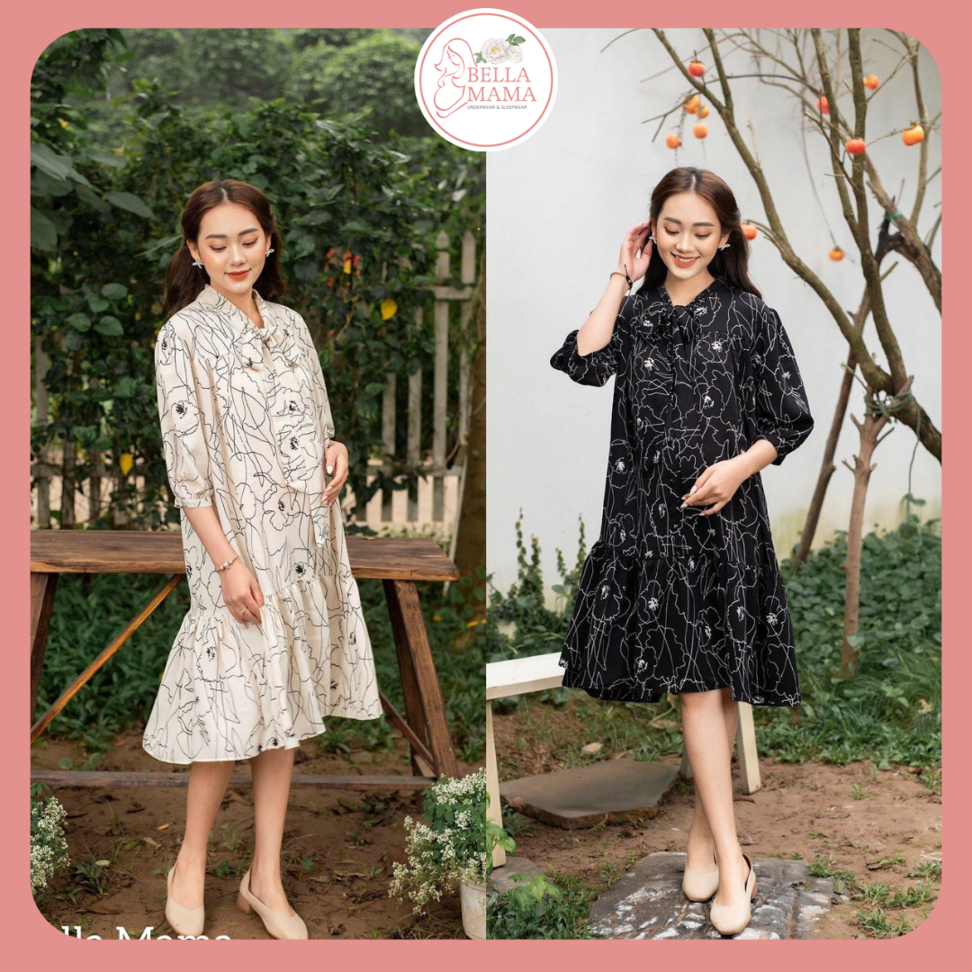 Váy Bầu Công Sở Nơ Cổ Chất Liệu Lụa Hàn Quốc Mềm Mịn Đủ Size Cho Mẹ Bầu Và Sau SinhTừ 47-85kg BELLA MAMA