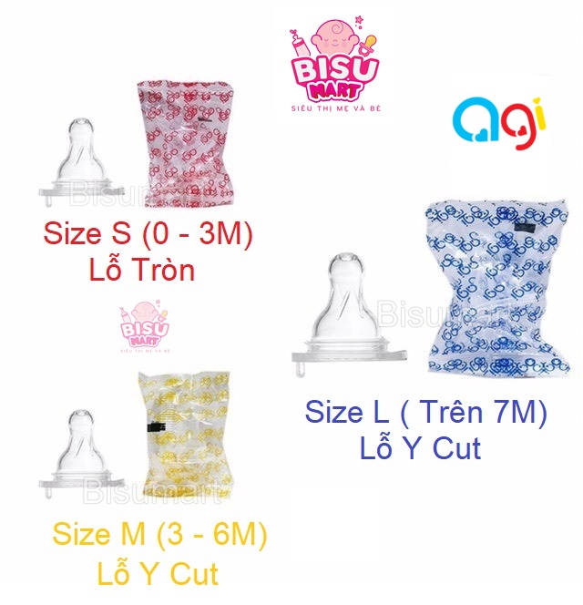 Núm vú cổ hẹp Agi núm vú silicon siêu mềm cho bé Size S M L
