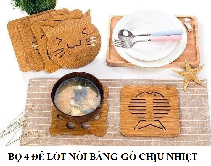 COMBO 4 ĐẾ LÓT NỒI BẰNG GỖ CHỊU NHIỆT, Đế lót nồi bằng gỗ đáng yêu HÌNH NGẪU NHIÊN bằng gỗ chịu nhiệt tốt, có hình thiết kế xinh xắn dễ thương