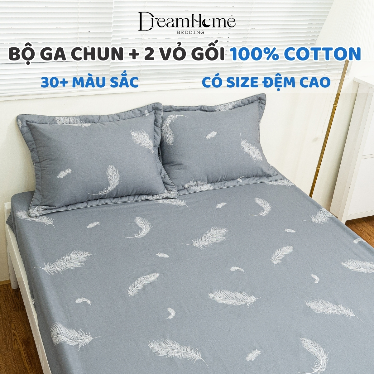 Bộ ga gối 3 món cotton 100%, ga chun bọc đệm đủ size, 2 vỏ gối 45x65 khóa kéo lót bông dày dặn dreamhome