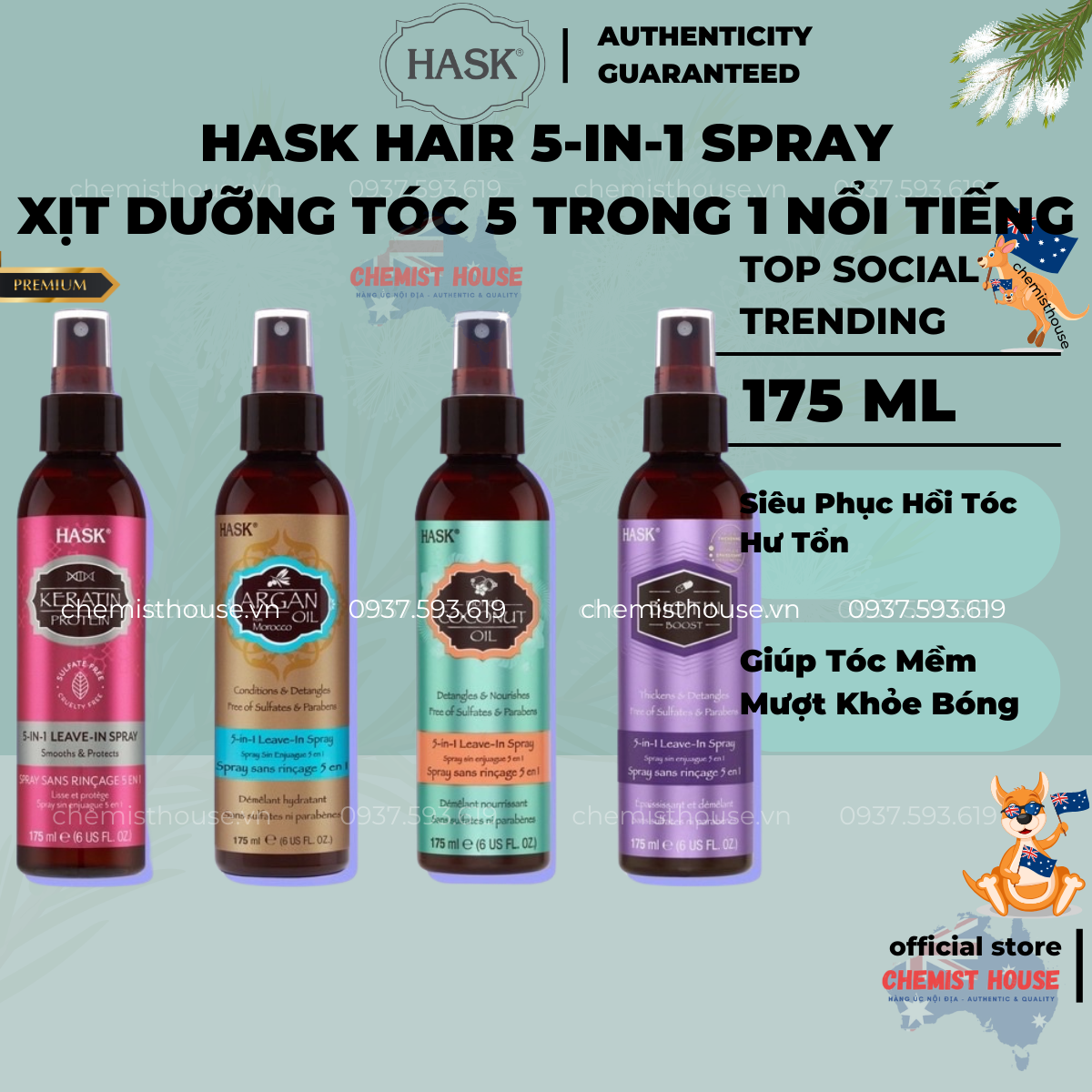 Xịt dưỡng tóc hask curl care argan oil 5-in-1 leave-in spray 175ml phục hồi tóc khỏi hư tổn mềm mượt tóc