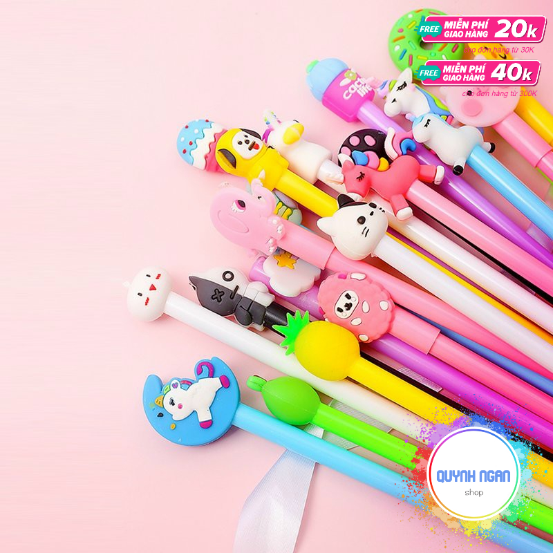 Set 20 bút nước mực xanh mực đen có nhiều màu nhiều hình kute tặng kèm túi zip