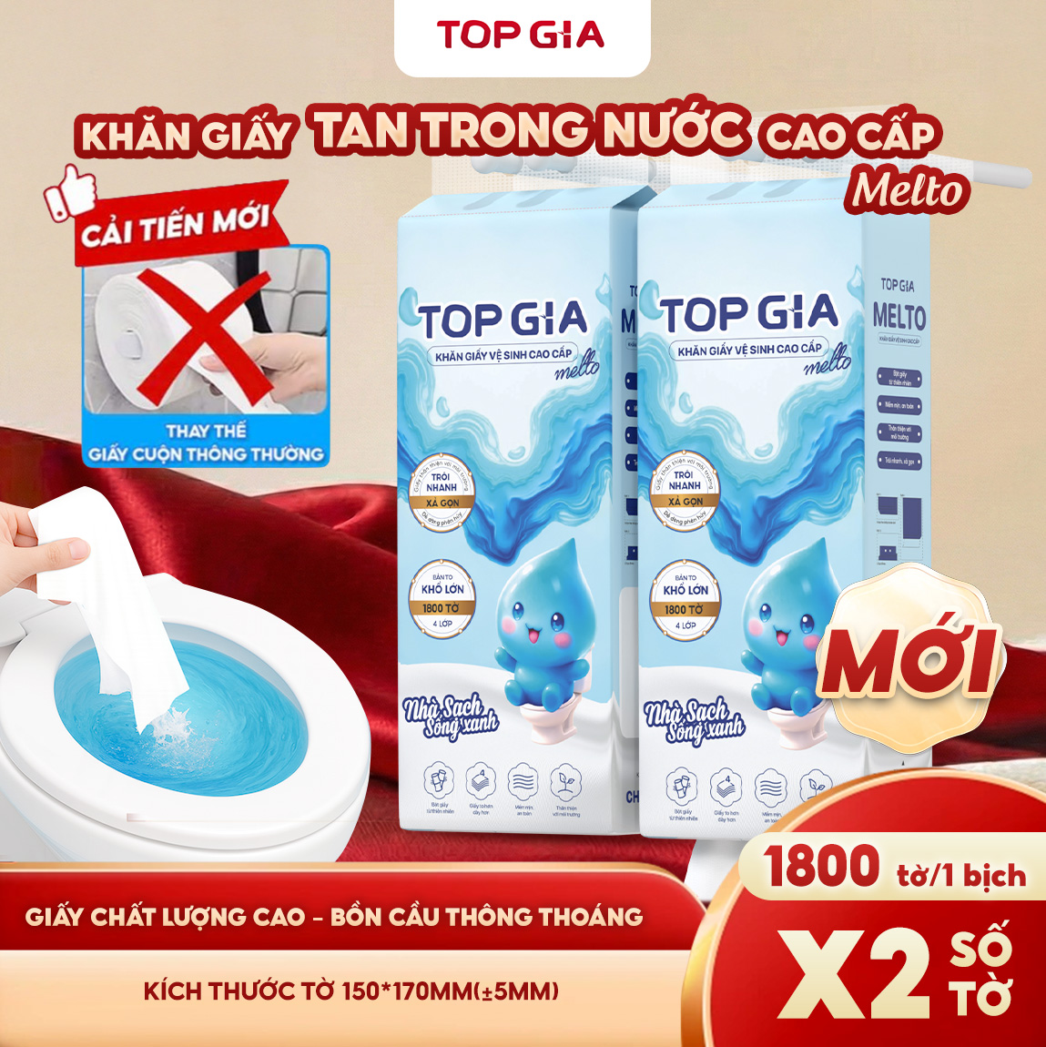 Giấy vệ sinh Topgia 1 bịch 1800 tờ 4 lớp cao cấp, mềm mịn, an toàn, tan ngay trong nước