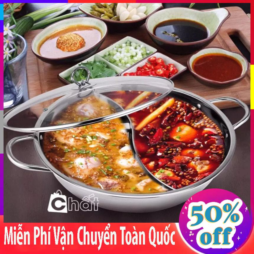 Nồi lẩu 2 ngăn 34cm INOX 304 tặng 1 nắp kính cao cấp trong suất có thể nấu lẩu chua cay lẩu ngọt 1 lúc.Bảo hành 1 năm.