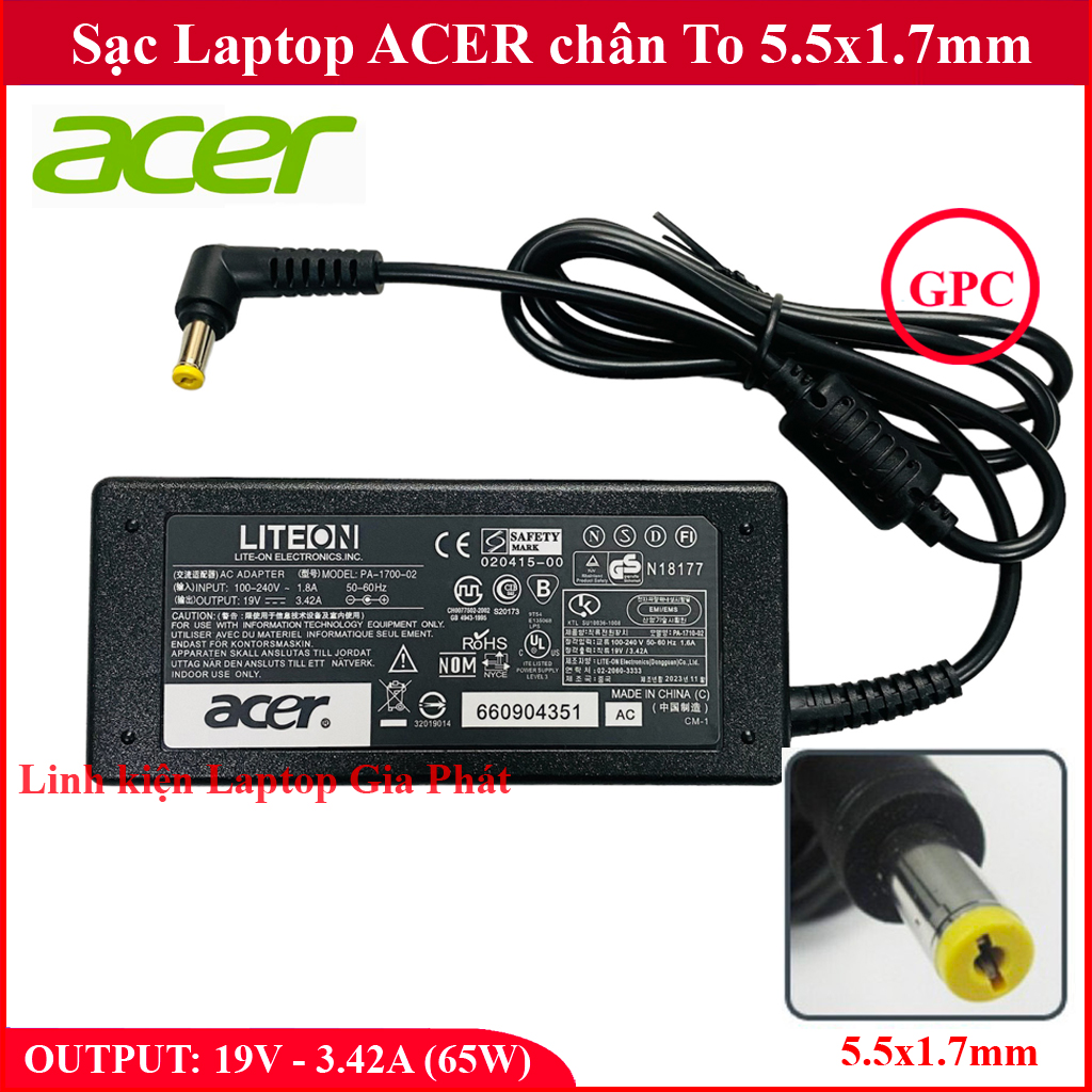 Sạc laptop acer 19v 3.42a 65w chân to 5.5x1.7mm - đường kính đầu sạc 5.5mm