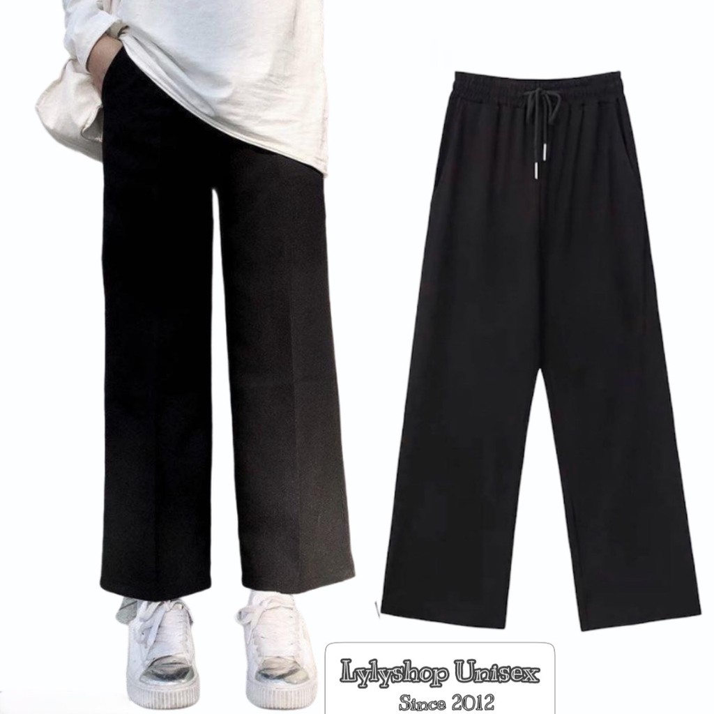 Quần ống rộng Lylyshop, quần vải ống suông cạp chun lưng cao basic