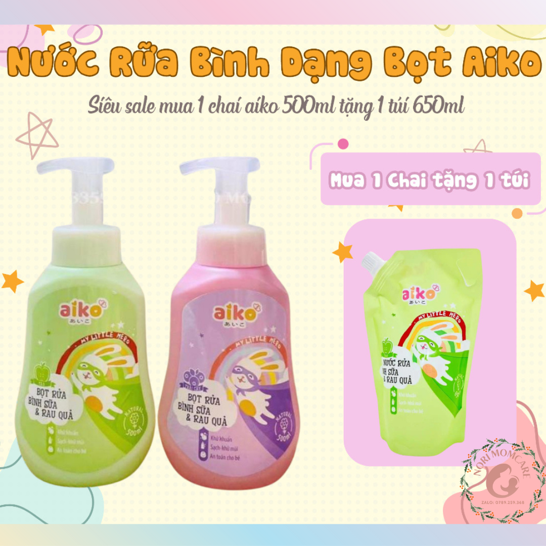 Nước rửa bình sữa Aiko chai 500ml & túi 650ml nguyên liệu tự nhiên, vòi tự tạo bọt