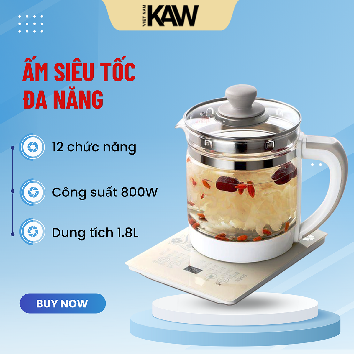 Ấm Thủy Tinh Siêu Tốc KAW  dung tích 1.8L -12 Chức Năng Nấu, Hẹn Giờ, Thủy Tinh Chống Sốc Nhiệt