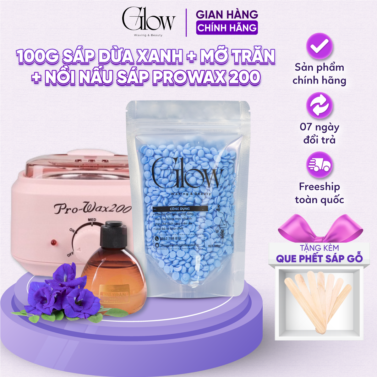 Combo nồi nấu sáp wax lông prowax200 glow waxing + 100gr sáp wax lông cao cấp siêu bám lông + mỡ trăn nstore tặng que