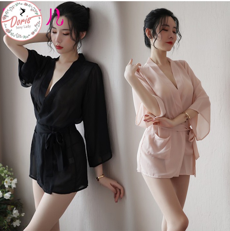Áo choàng ngủ, váy ngủ nữ kèm đai lưng lụa cát gợi cảm Doris shop CP059