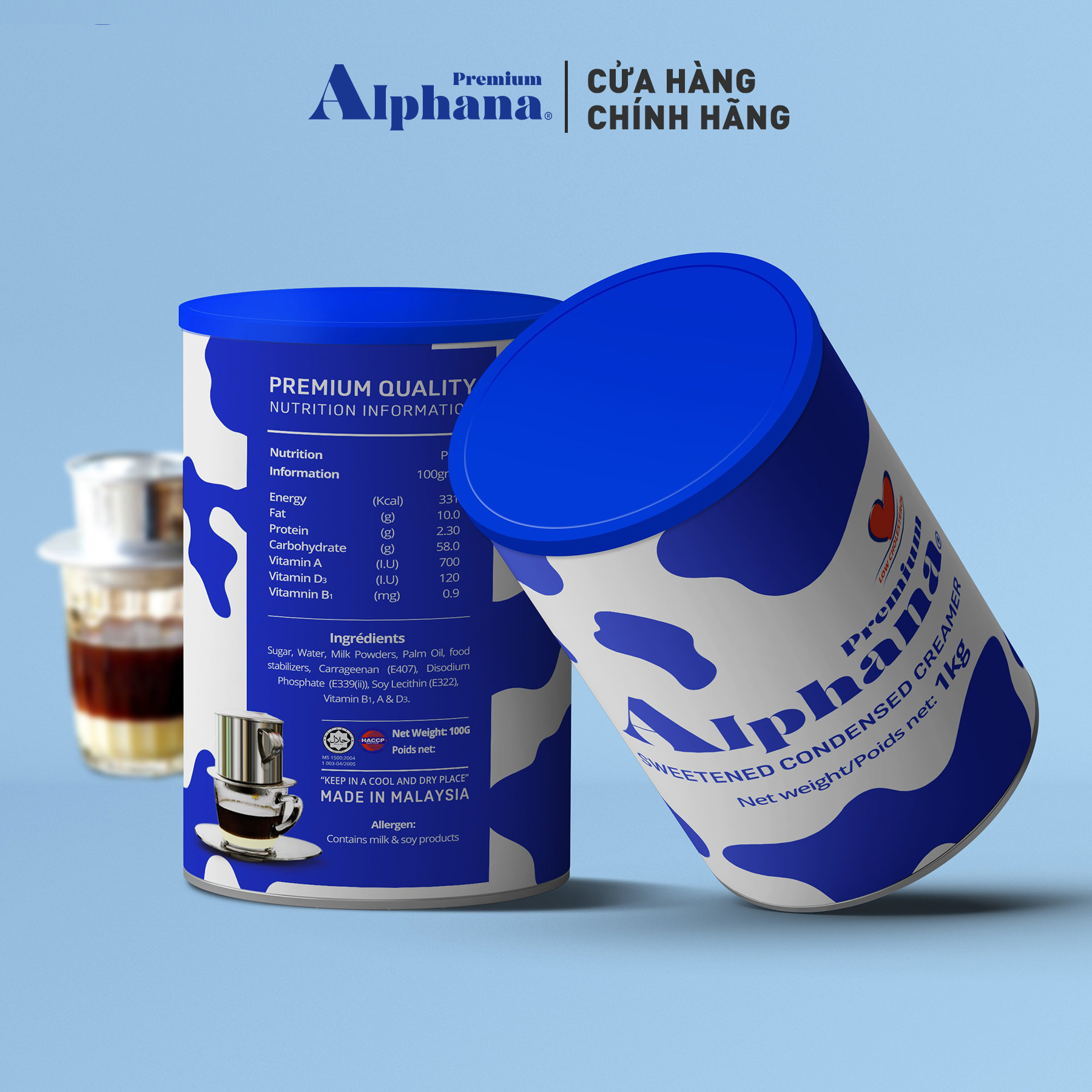 Combo 5 Lon Sữa Đặc Có Đường Premium Alphana Malaysia Lon 1kg - Protein cao