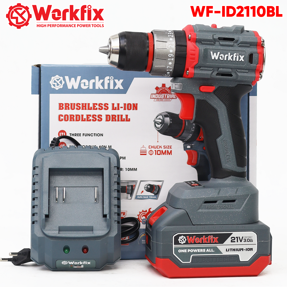 Workfix Wf-Id2110Bl Cordless Drill, 10mm Autolock Chuck, Brushless, 55Nm Torque